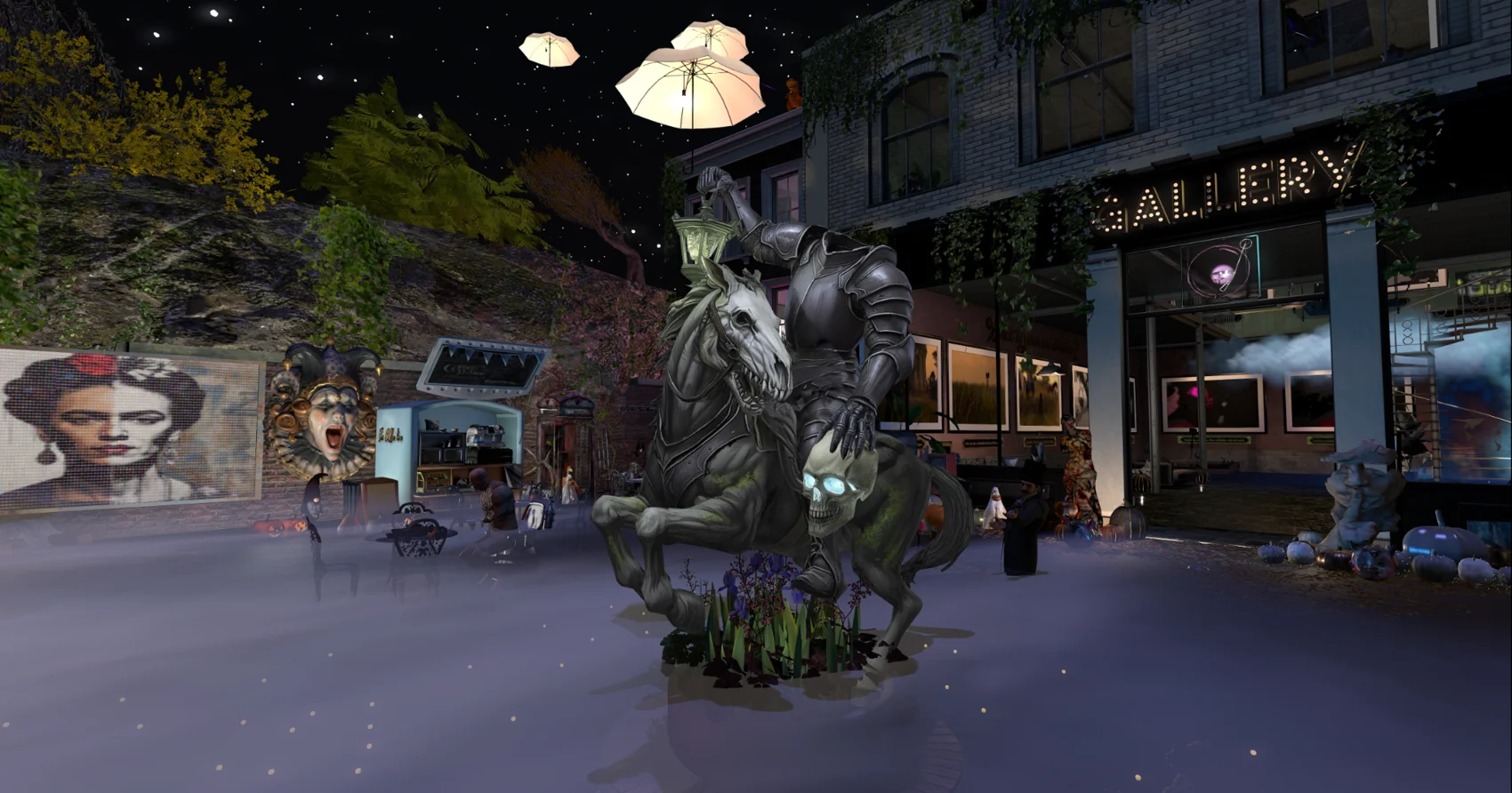A headless horseman on a skeletal horse outside the gallery, surrounded by Halloween decorations