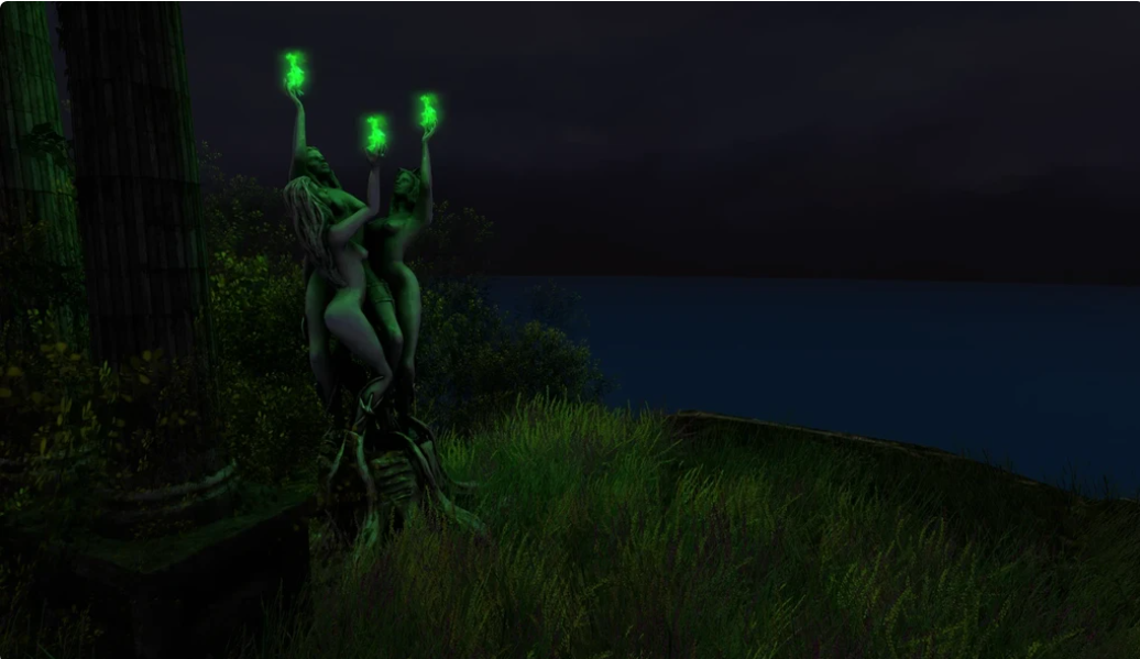 Three figures near the Abbey holding glowing green lights at night