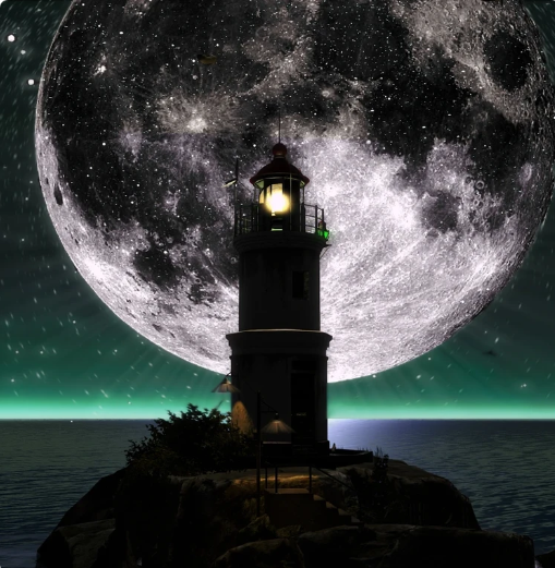 Ofrenda lighthouse silhouetted against an enormous moon at night