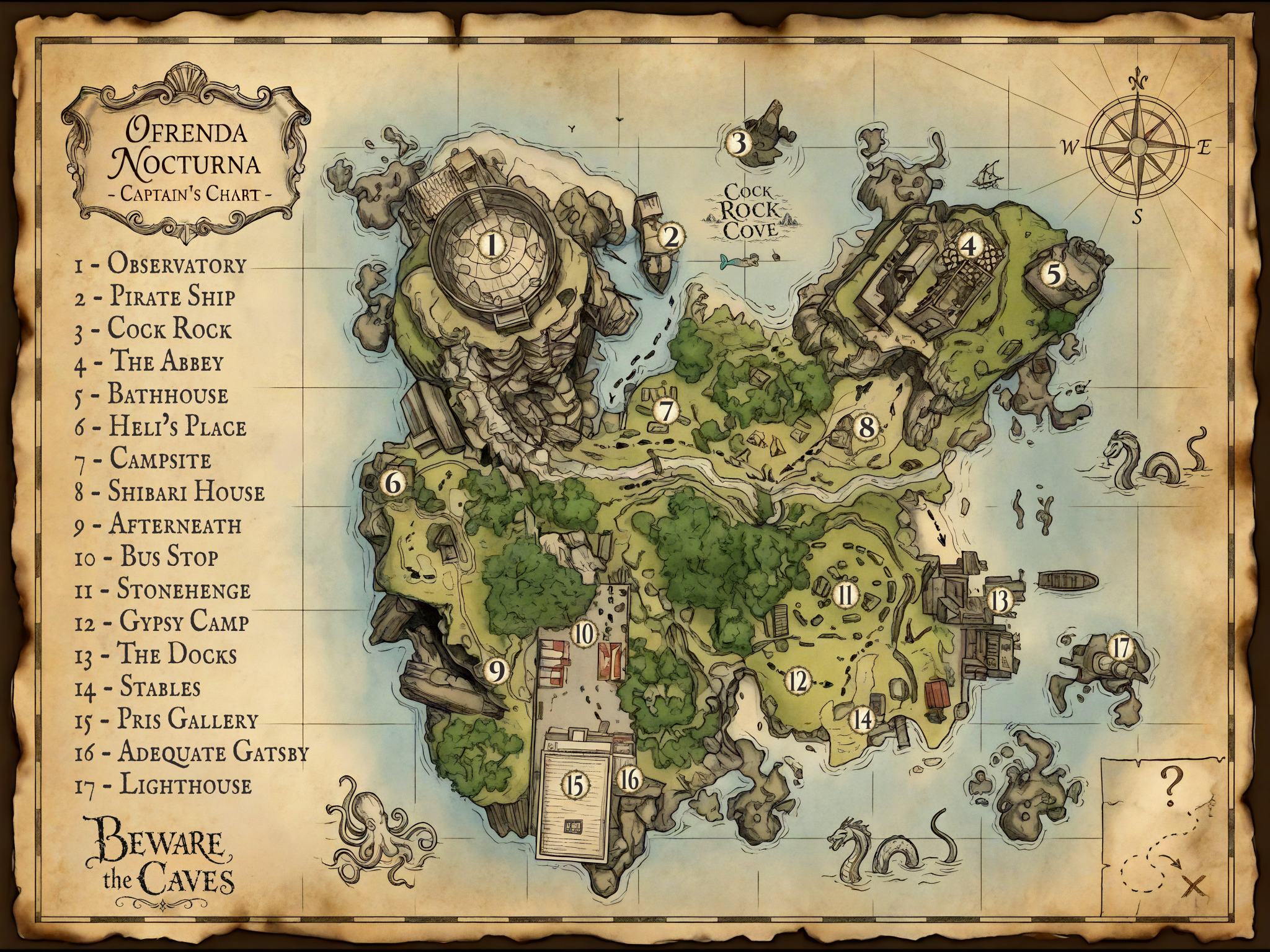 Captain's Chart map of Ofrenda Nocturna showing seventeen numbered locations
